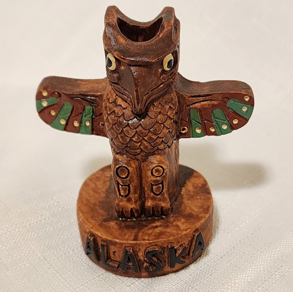 Alaska Carved Totem Thunderbird Figurine - Brown Green Gold